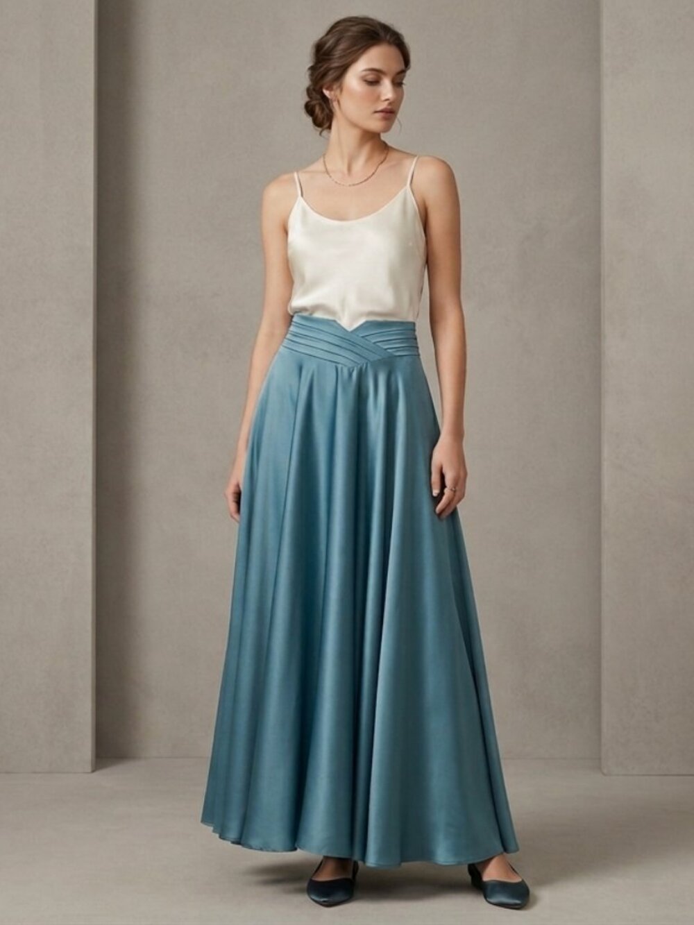 Bianco Nero Elegant Slate Blue Satin Maxi Skirt Pleated Waistband Size 34